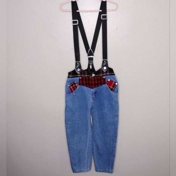 Vintage 80s Gitano Girls Kids Size 6 Jeans Suspenders Bue Cotton Red Plaid - Picture 1 of 7